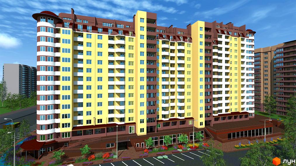 Висотна будівля житлового комплексу з жовтим фасадом та коричневими елементами. На прибудинковій території розташовані парковка, зелені насадження та квітники.