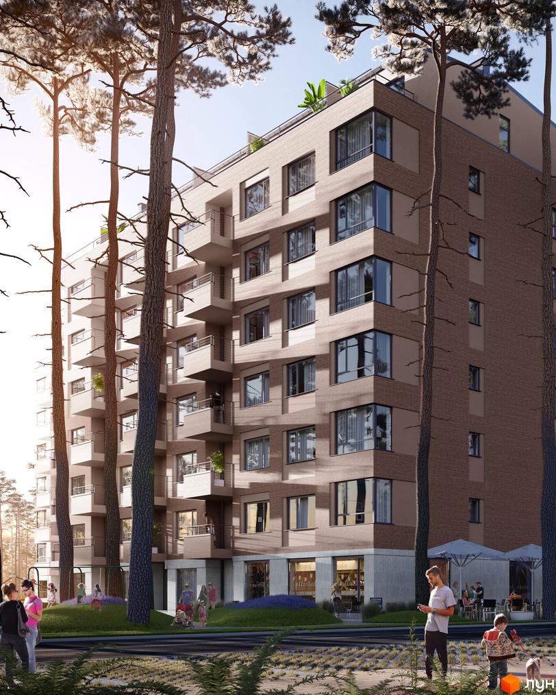 Житловий комплекс Wellness Park з фасадами з цегли та балконами, оточений деревами та з прибудинковою територією з дитячим майданчиком та зонами відпочинку.