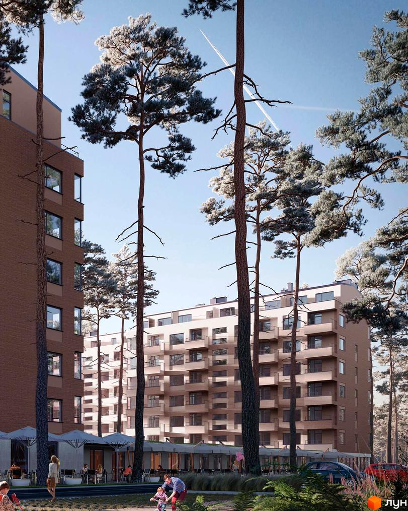 Житловий комплекс Wellness Park з цегляними фасадами та балконами, оточений високими соснами. На прибудинковій території розташовані кафе та зелені зони.