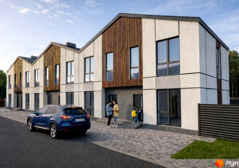 Зовнішній вигляд таунхаусів Olympic Village Tarasivka з дерев'яними та світлими фасадами, прибудинкова територія з бруківкою та автомобілем.