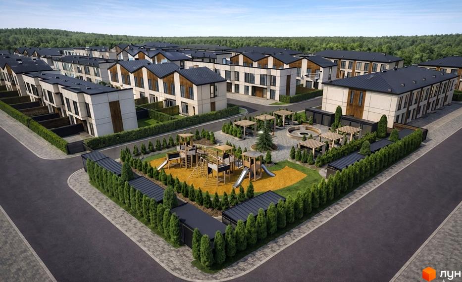 Olympic Village Tarasivka: таунхауси з темними дахами та світлими фасадами, дитячий майданчик та зелені зони.