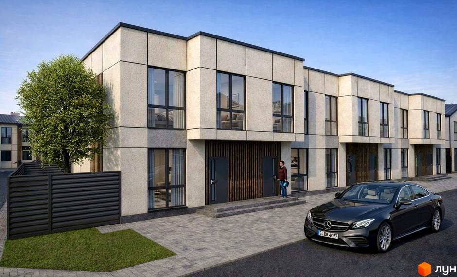 Таунхауси Olympic Village Tarasivka: ряд двоповерхових будинків зі світлими фасадами та великими вікнами. Перед ними бруківка, зелений газон та чорний автомобіль.