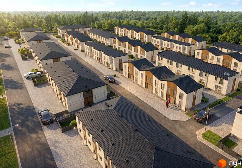 Таунхауси Olympic Village Tarasivka мають світлі фасади з дерев'яними елементами та темні дахи. Будинки розташовані вздовж вимощених доріг, оточені зеленою територією.