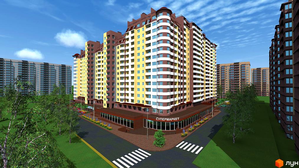 Зображення багатоповерхового будинку ЖБК Левітана з жовтими та коричневими фасадами. На першому поверсі розташований супермаркет. Поряд з будинком зелена територія та дорога.