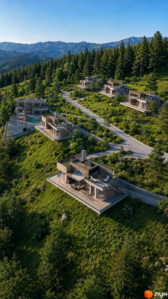 Котеджне містечко MÓNTES invest & resort: будинки з терасами та панорамними вікнами на схилі гори, оточені лісом, з басейном та дорогами.