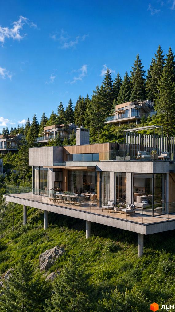 Котеджне містечко КМ MÓNTES invest & resort: триповерхові будинки з бетону та дерева на схилі гори, тераси з панорамними вікнами, оточені хвойним лісом.