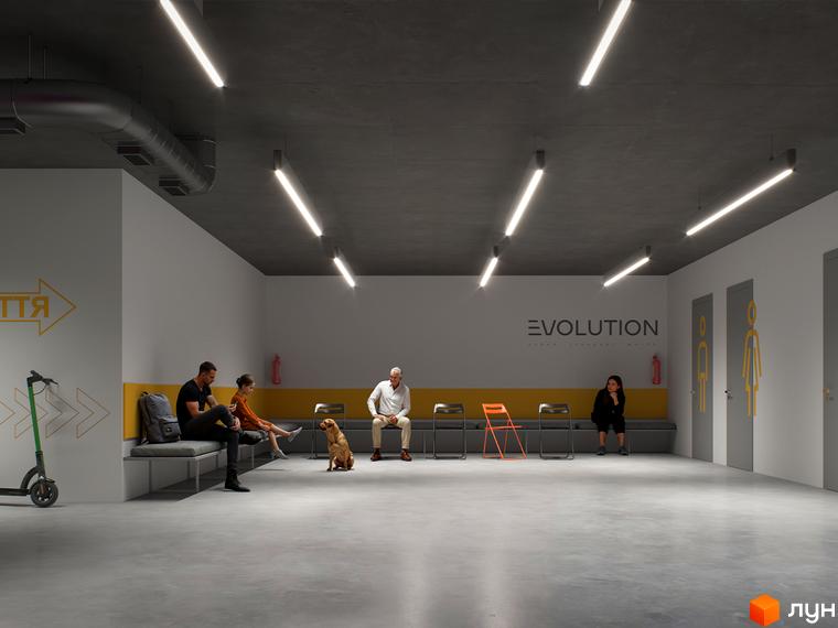 Новобудова EVOLUTION з зоною очікування та дверима з піктограмами.