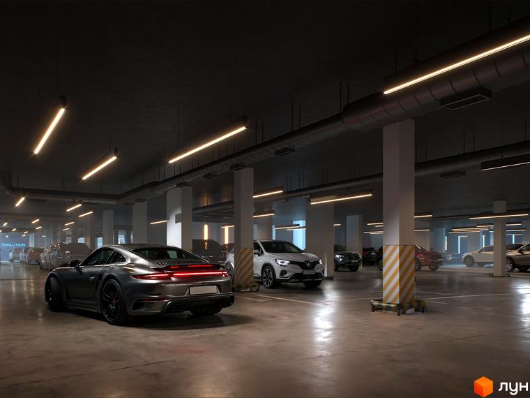 Новобудова EVOLUTION: сучасний паркінг з автомобілями та освітленням. Територія комплексу з автомобілями.