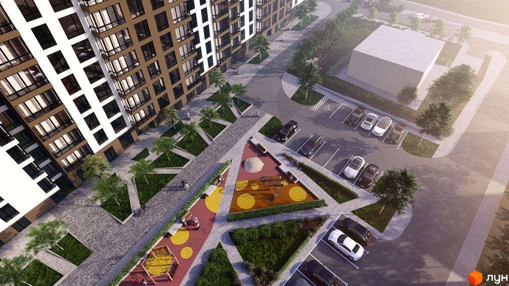 Багатоповерхові будинки Житлового комплексу CLEVER CITY з коричневими та білими фасадами. Прибудинкова територія має зелені насадження, дитячий майданчик та паркінг.
