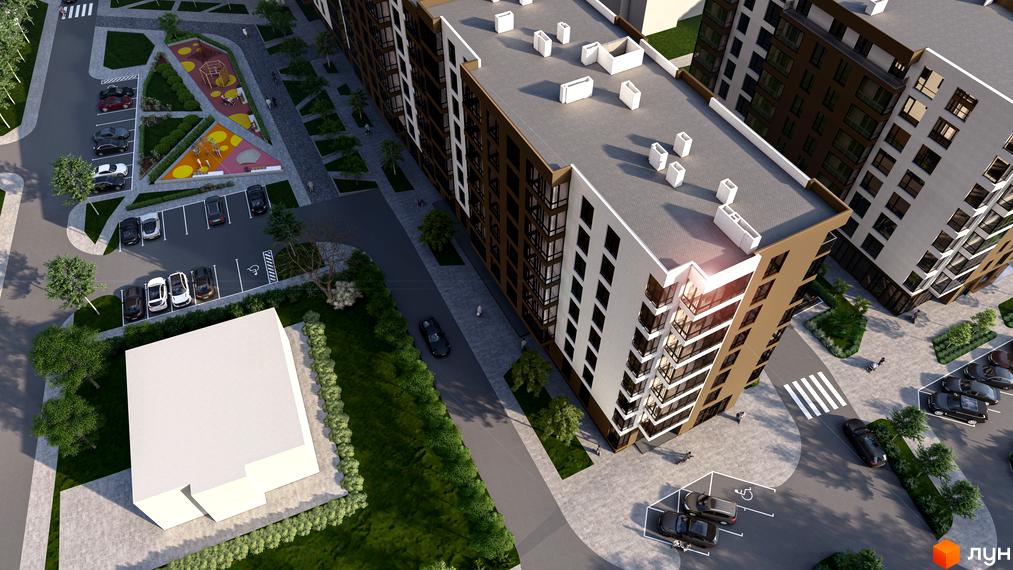 Житловий комплекс CLEVER CITY з сучасним фасадом та прибудинковою територією з дитячим майданчиком та парковкою.
