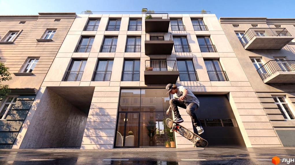 URBAN Residence - новобудова з балконами та великими вікнами, з фасадом з світлого каменю. Поряд з будинком проїжджа частина та арка.