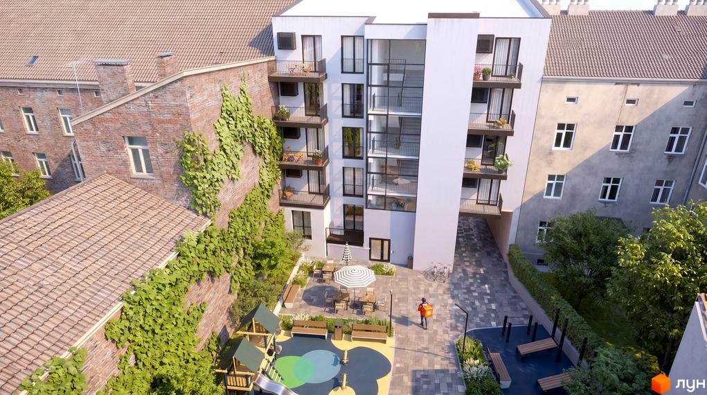 URBAN Residence: фасад новобудови з балконами та панорамними вікнами, поруч дитячий майданчик та зона відпочинку.