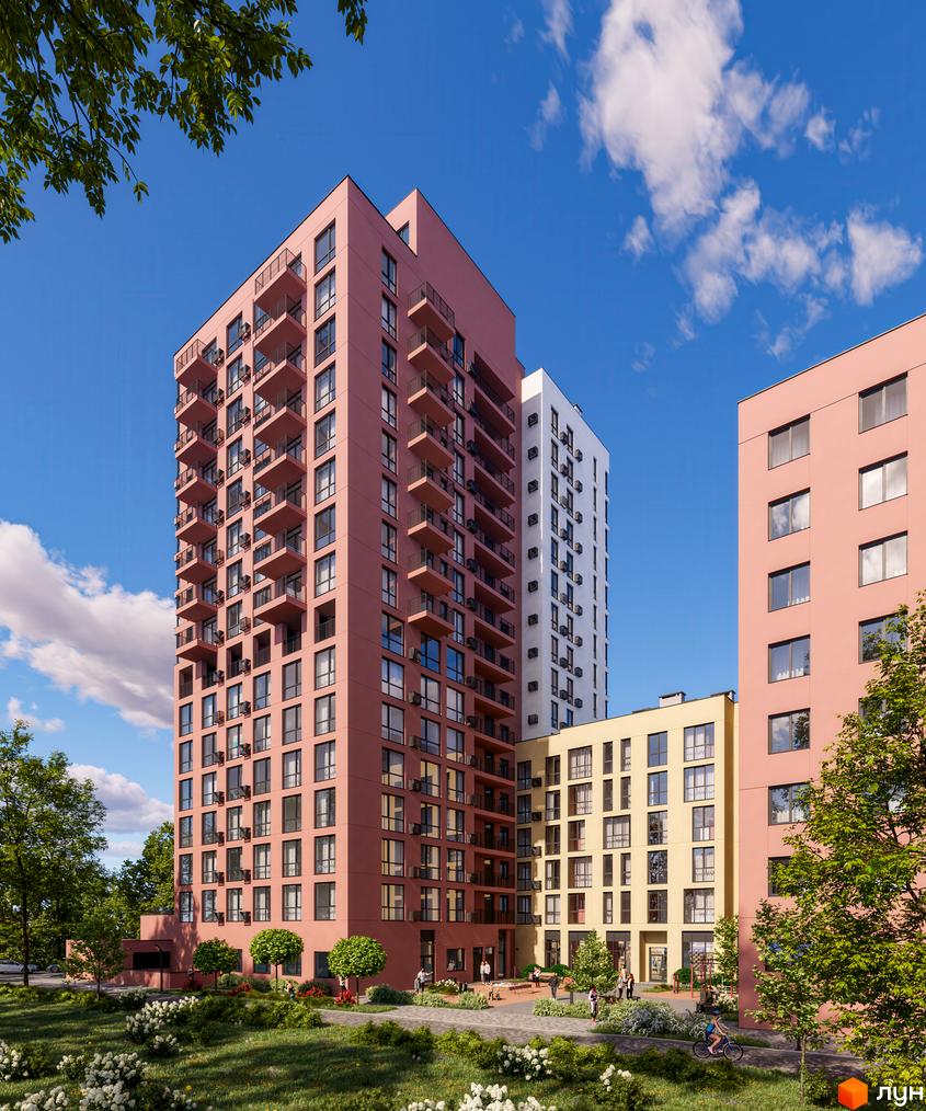 Житловий комплекс City House з рожевими та жовтими фасадами, балконами та зеленим подвір'ям. Сучасна архітектура новобудови.