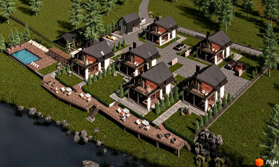 Котеджне містечко КМ River House з сучасними будинками та прибудинковою територією біля води. На території є басейн, тераси та зелені насадження.