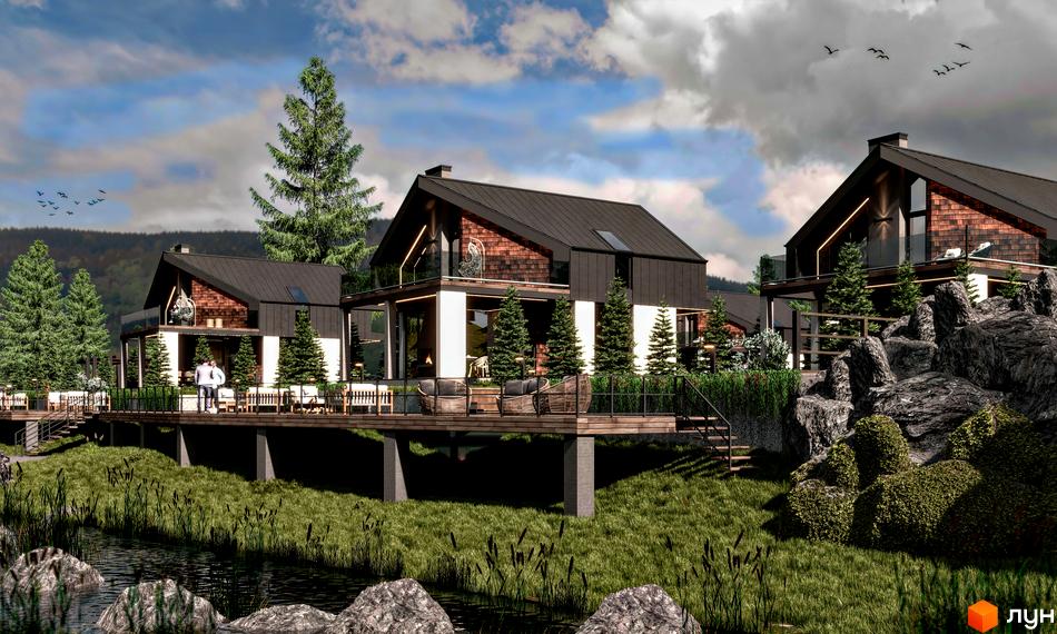 Котеджне містечко КМ River House з дерев'яними фасадами та панорамними вікнами, розташоване на схилі біля водойми з високими деревами.