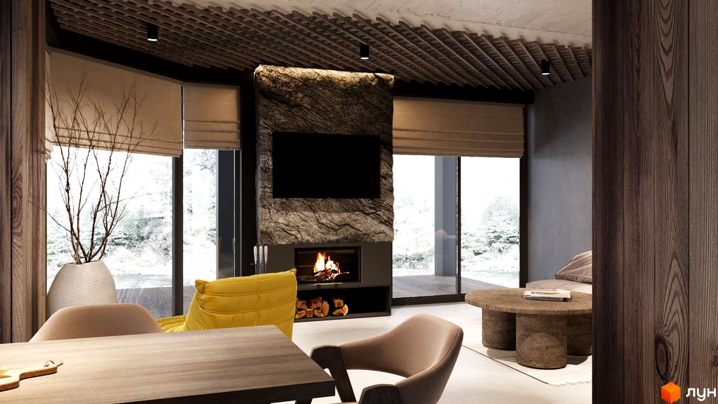 Інтер'єр вітальні з каміном та телевізором у КМ River House. Великі вікна відкривають вид на зимовий ліс.