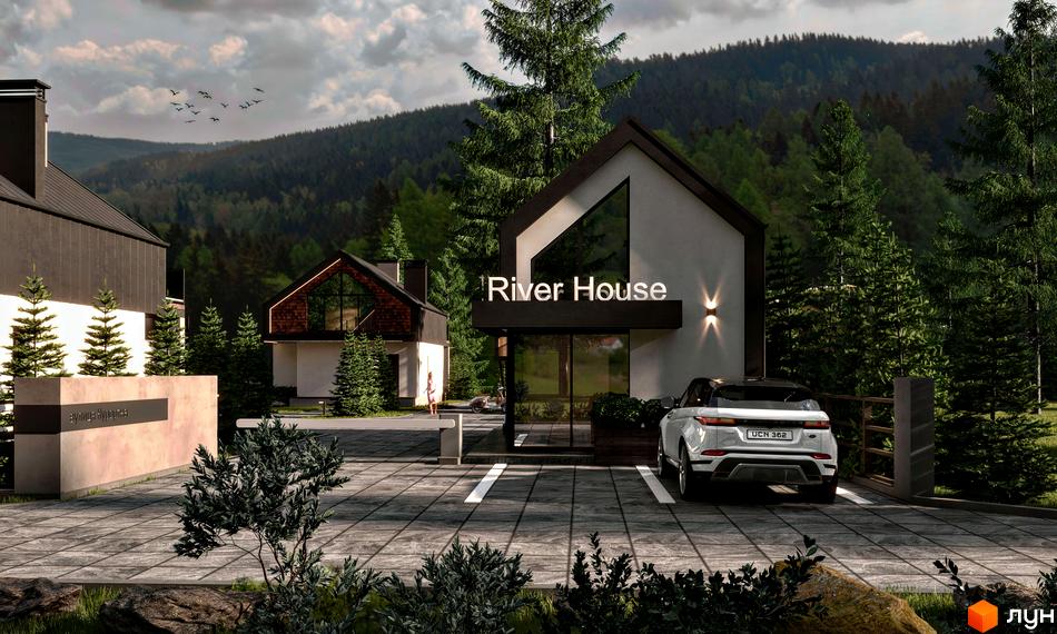 Котеджне містечко River House з сучасними будинками та парковкою. Навколо зелені дерева та гори.