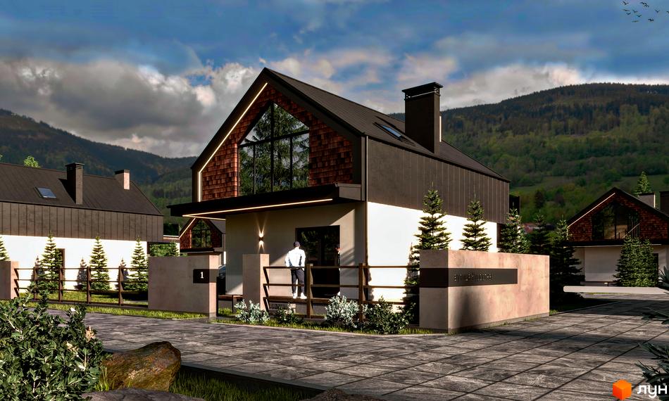 Будинок Котеджного містечка River House має темний дах, велике трикутне вікно та оздоблення коричневою черепицею на фасаді. Навколо будинку є доріжки, зелені насадження та огорожі, а на задньому плані видно гори.