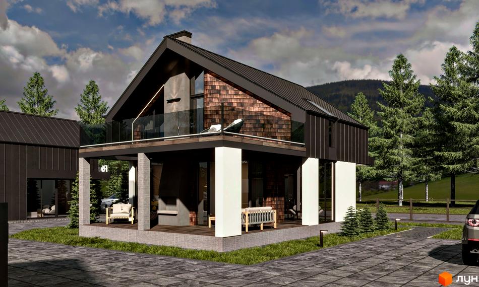 Двоповерховий будинок Котеджного містечка River House з темним дахом, облицюванням під дерево, скляним балконом, прибудинковою територією та газоном.