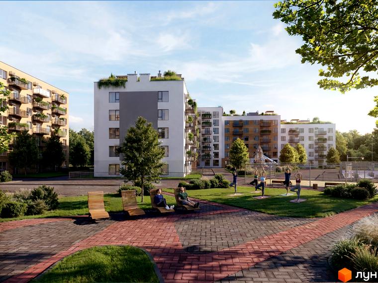 Житловий комплекс Містечко Південне: сучасні будинки з балконами та зелені зони для відпочинку та йоги. На території є дитячий майданчик та спортивні зони.
