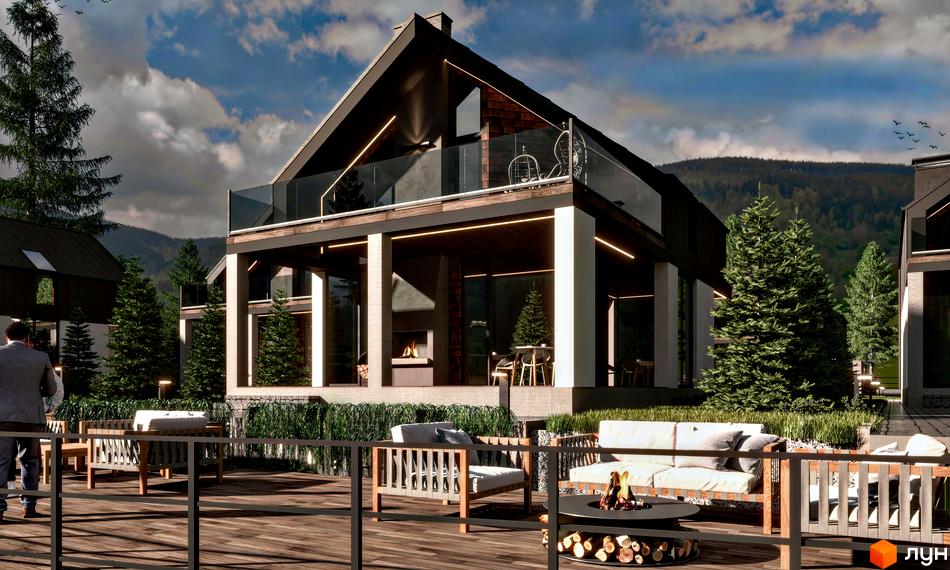 КМ River House - котеджне містечко з терасою, каміном та зонами відпочинку на фоні гірського пейзажу. На території комплексу розташовані ялинки та зелені насадження.