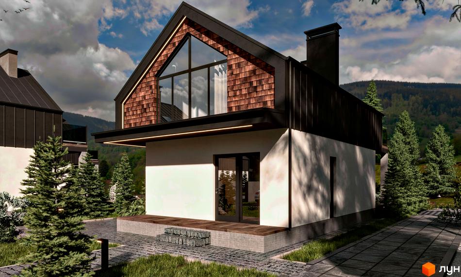 Котеджне містечко КМ River House: двоповерховий будинок з великим трикутним вікном та дерев'яною черепицею на даху, оточений ялинами та гірським пейзажем. Прибудинкова територія з бруківки та газону.