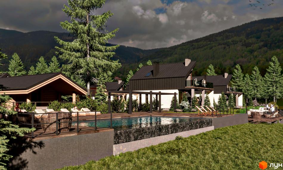 Котеджне містечко River House з басейном та зоною відпочинку на фоні гір та лісу. Архітектура будинків виконана в стилі шале з темними дахами та дерев'яними елементами.