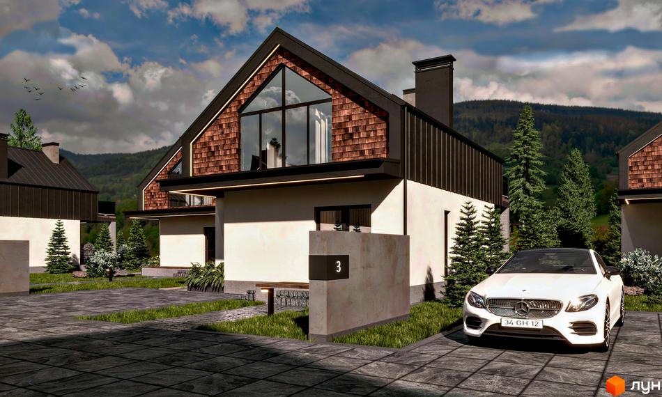 Котеджне містечко River House: двоповерхові будинки з дерев'яною та металевою обшивкою, великими вікнами та прибудинковою територією з бруківкою та зеленими насадженнями.
