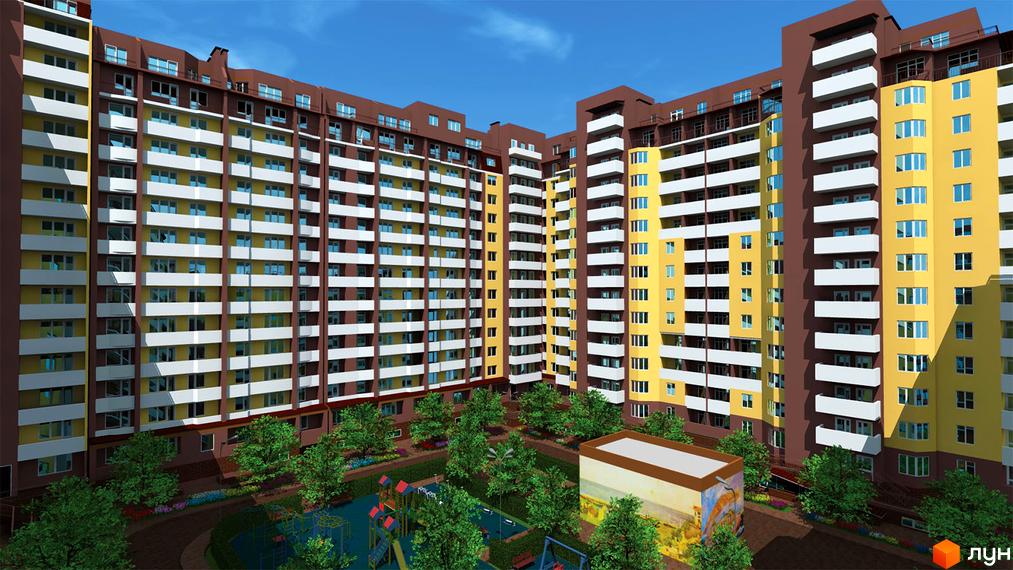 Житловий комплекс Левітана. Багатоповерховий будинок з балконами та вікнами. На території комплексу є дитячий майданчик та зелені насадження.