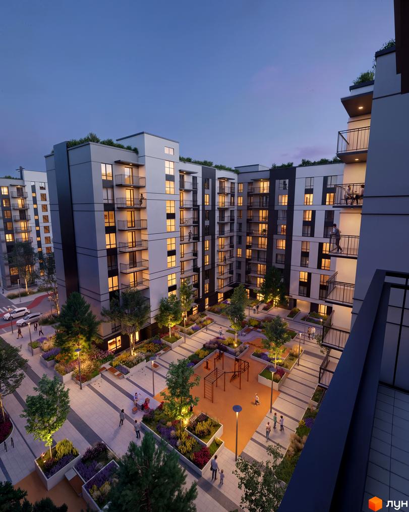 Житловий комплекс Park Residence: фасади будинків з балконами та вікнами, освітлена прибудинкова територія з зонами відпочинку та дитячим майданчиком.