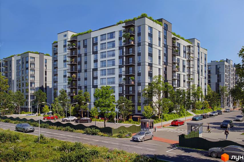 Новобудова Park Residence з багатоповерховими будинками та балконами, що потопають у зелені. Навколо комплексу розташовані дерева та доглянута прибудинкова територія.
