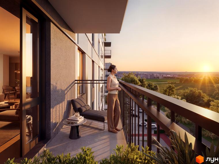 Житловий комплекс Park Residence. Балкон з видом на захід сонця над містом та зеленою зоною. Сучасна архітектура будинку.