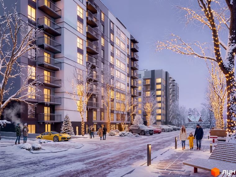 Житловий комплекс Park Residence: багатоквартирні будинки з балконами та освітленими вікнами, засніжена територія з деревами в гірляндах та людьми.