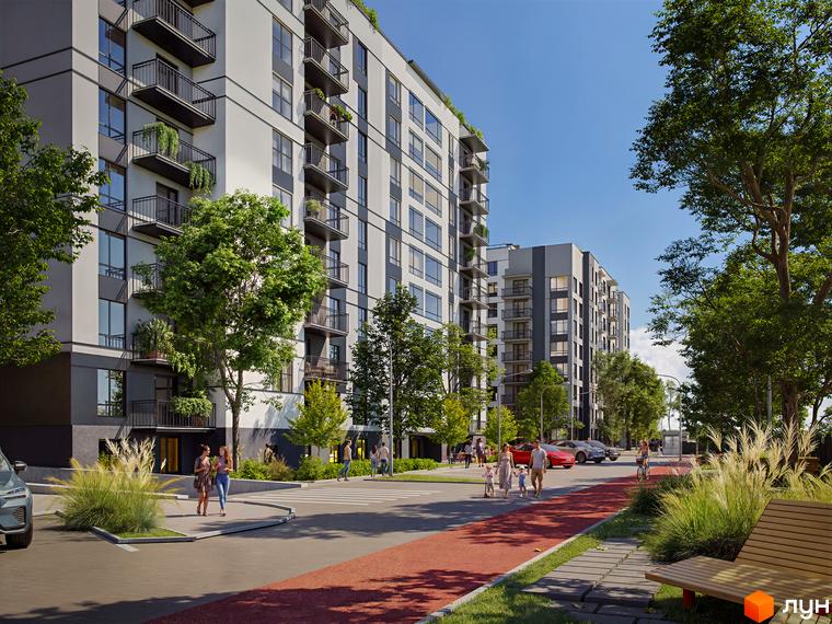 Житловий комплекс Park Residence: багатоповерхові будинки з балконами та зеленню, упорядкована прибудинкова територія з доріжками та деревами.