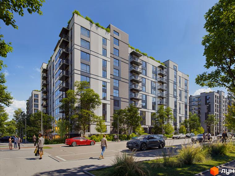 Багатоповерхові будинки Житлового комплексу Park Residence з світло-сірими фасадами, балконами та зеленими дахами. Прибудинкова територія з деревами, автомобілями та пішоходами.