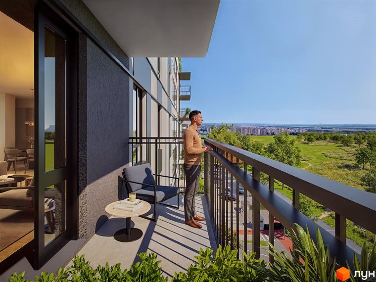 Житловий комплекс Park Residence. Балкон з видом на зелену зону та місто. Сучасна архітектура новобудови.