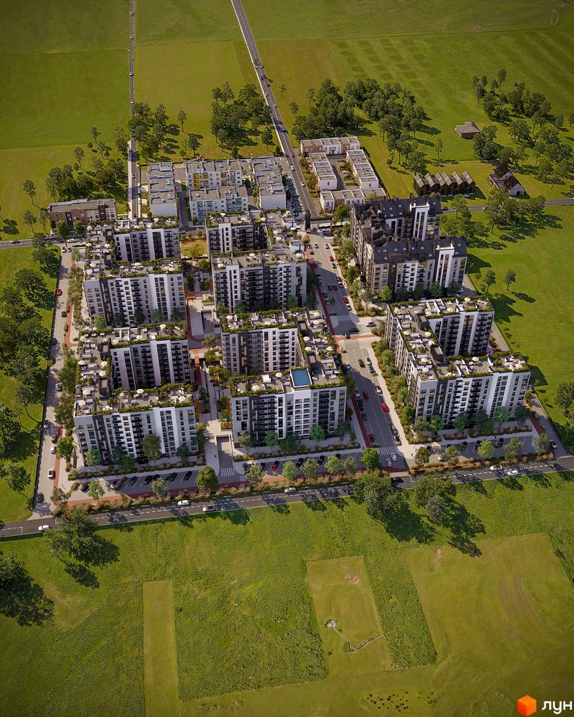 Комплекс Park Residence з багатоповерховими будинками та зеленою прибудинковою територією, що оточена полями. Вид зверху на житловий район.