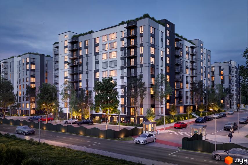 Новобудова Park Residence з багатоповерховими будинками та балконами, освітленою прибудинковою територією з деревами та автомобілями.