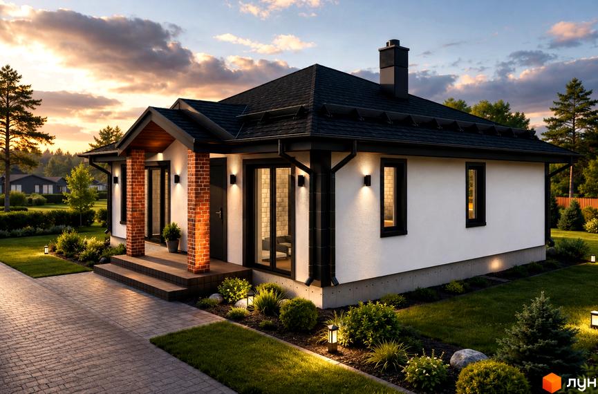 Котеджне містечко Ozera Residence: Одноповерховий будинок з білими стінами, чорним дахом, цегляними колонами та доглянутою прибудинковою територією з бруківкою та освітленням.