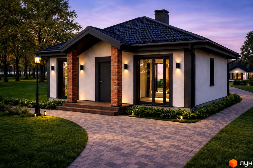 Котеджне містечко Ozera Residence: одноповерховий будинок зі світлим фасадом, темним дахом, цегляними колонами та доріжкою з бруківки серед зелені.