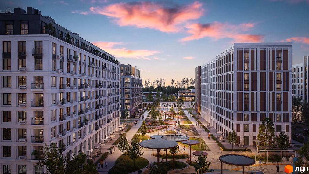 Житловий комплекс PARK ROYAL: багатоповерхові будинки зі світлими фасадами. Внутрішній двір з ландшафтним дизайном та зонами відпочинку.