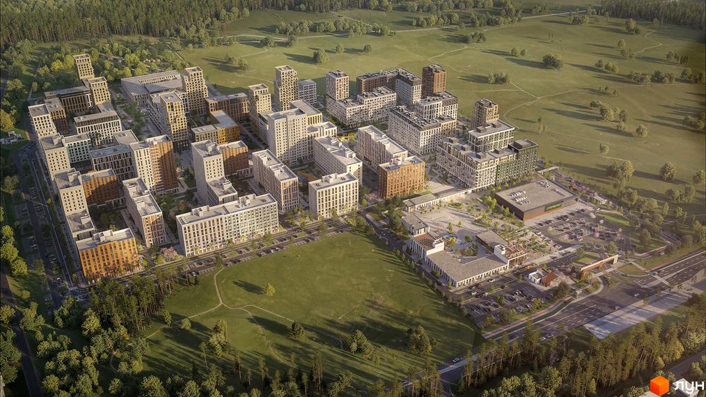 Житловий комплекс PARK ROYAL з багатоповерховими будинками світлих та коричневих відтінків, оточений зеленими насадженнями та інфраструктурою.