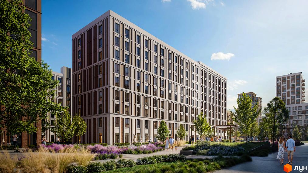Житловий комплекс PARK ROYAL: багатоповерхові будинки світлого кольору з вертикальними елементами. Поруч зелені зони з деревами, квітами та пішохідними доріжками.