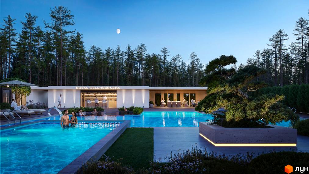 Житловий комплекс PARK ROYAL: будівля ROYAL WELLNESS & SPA з баром та обідньою зоною, розташована біля басейнів серед соснового лісу.