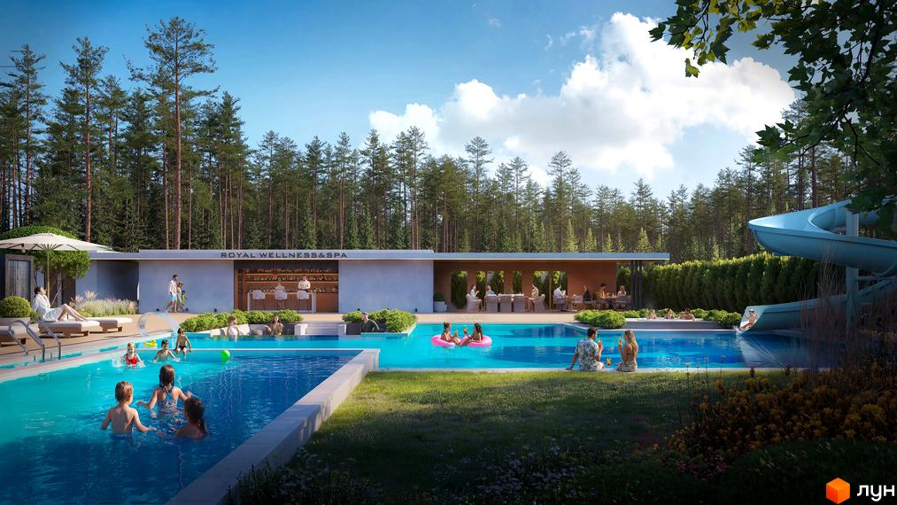 Житловий комплекс PARK ROYAL: одноповерхова будівля з баром та обідніми зонами біля великого басейну з гіркою, оточеного сосновим лісом.