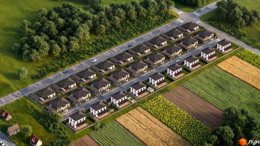 Котеджне містечко Parkmont: акуратні будинки з темними дахами та доглянутою прибудинковою територією, оточені зеленню та полями.
