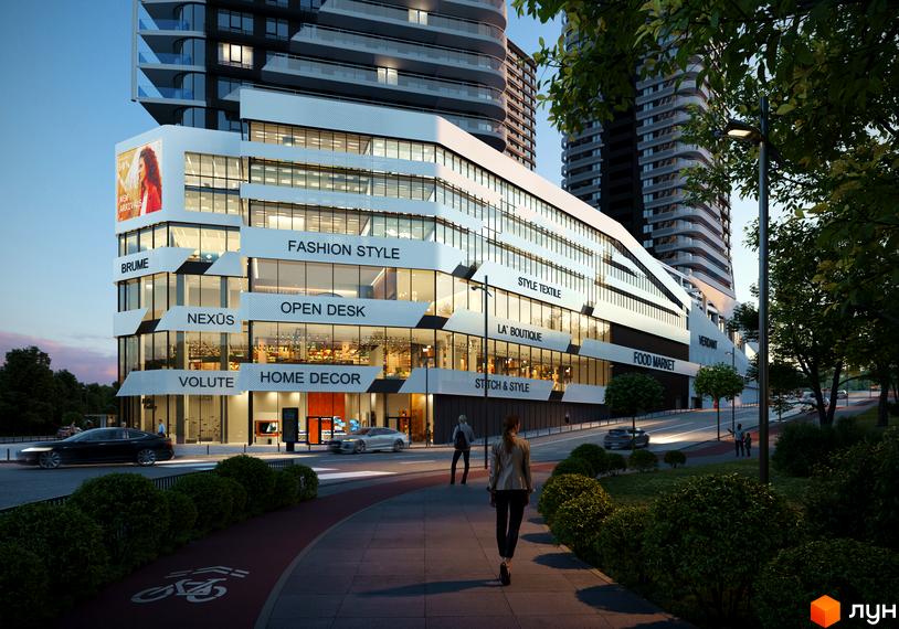 Житловий комплекс Aura city: фасади будівель з комерційними приміщеннями та зонами відпочинку, прибудинкова територія з деревами та пішохідними доріжками.