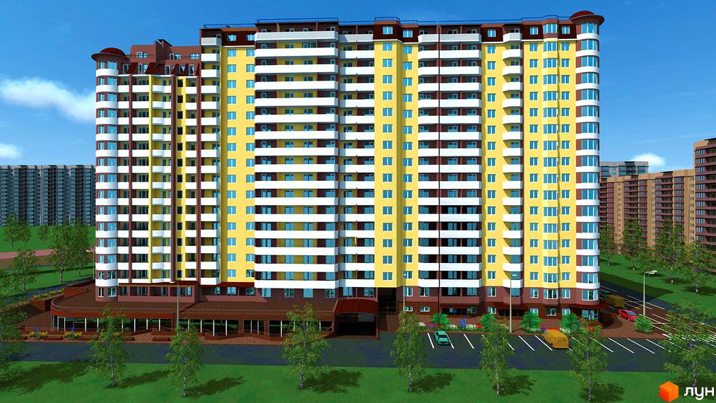 Висока будівля житлового комплексу з жовтим фасадом та балконами. На території є парковка та зелені насадження.