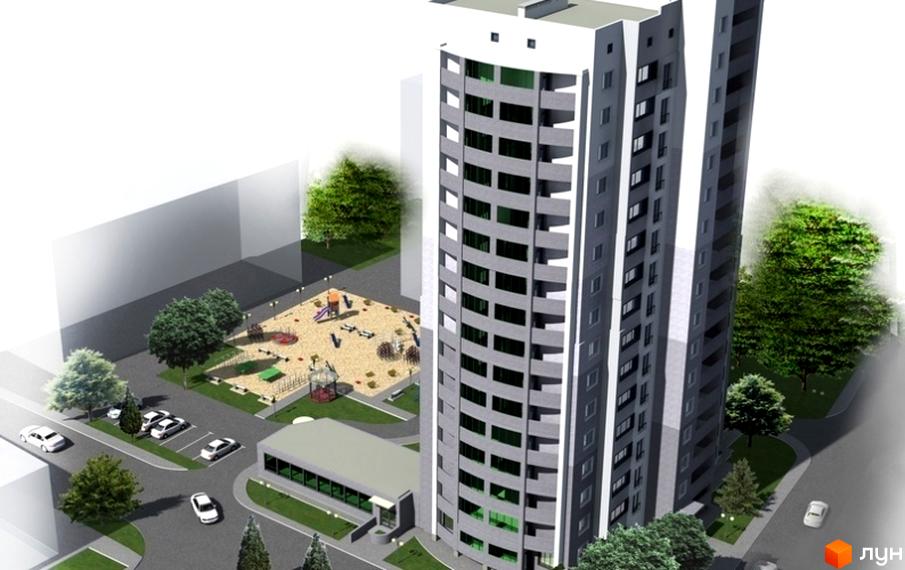 Зовнішній вигляд новобудови ЖК Аврамівська з багаторівневими балконами та прибудинковою територією з дитячим майданчиком та парковкою.