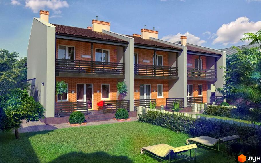 Котеджне містечко КМ Best House. Фасад будинку з цегли та сірого штукатурки, балкони з дерев'яними поручнями. Зелений двір з газоном та лежаками.